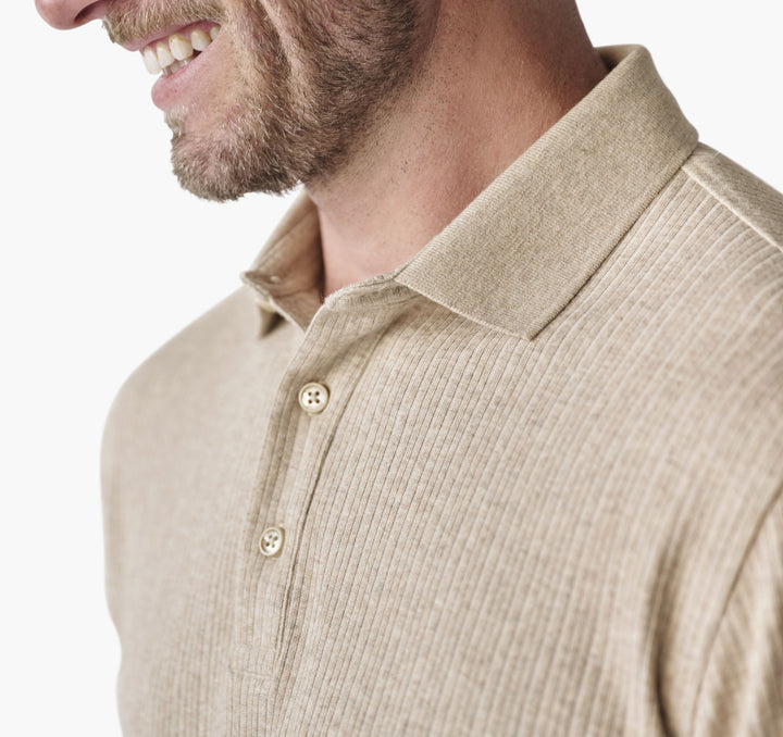 QUINCY RIBBED LONG-SLEEVE POLO - OATMEAL