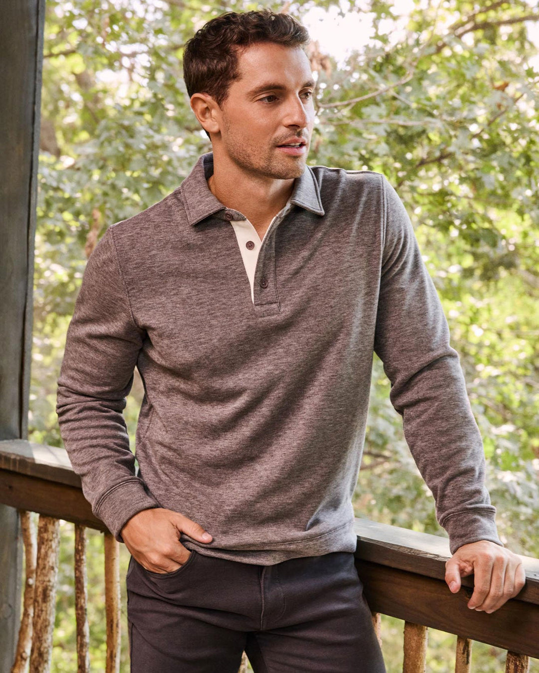 NEWTON FLEECE LS POLO - brown heather