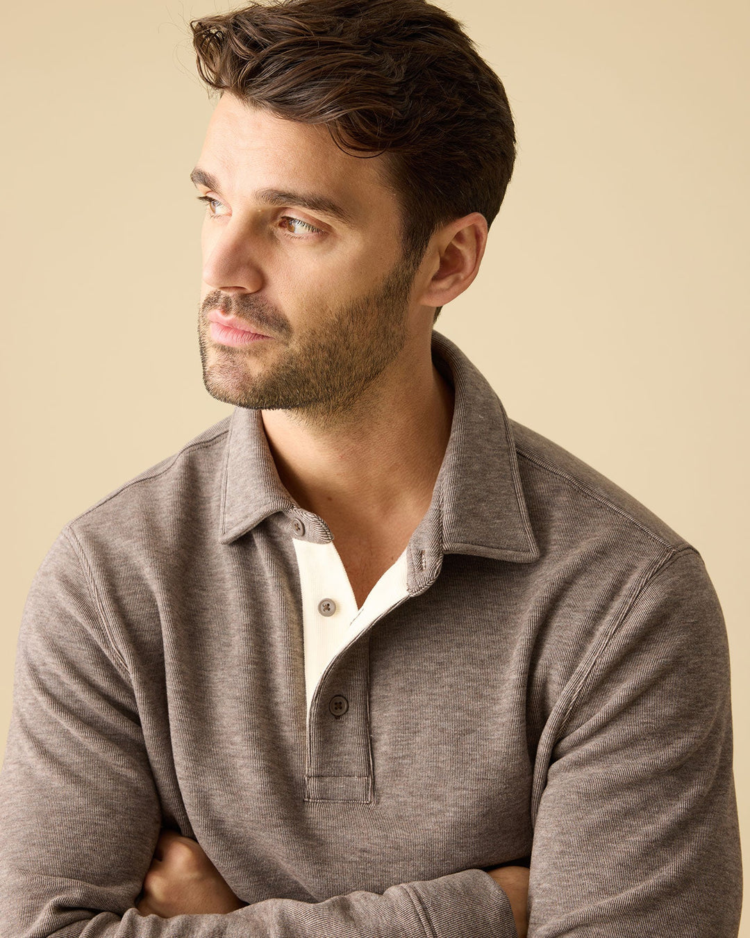 NEWTON FLEECE LS POLO - brown heather