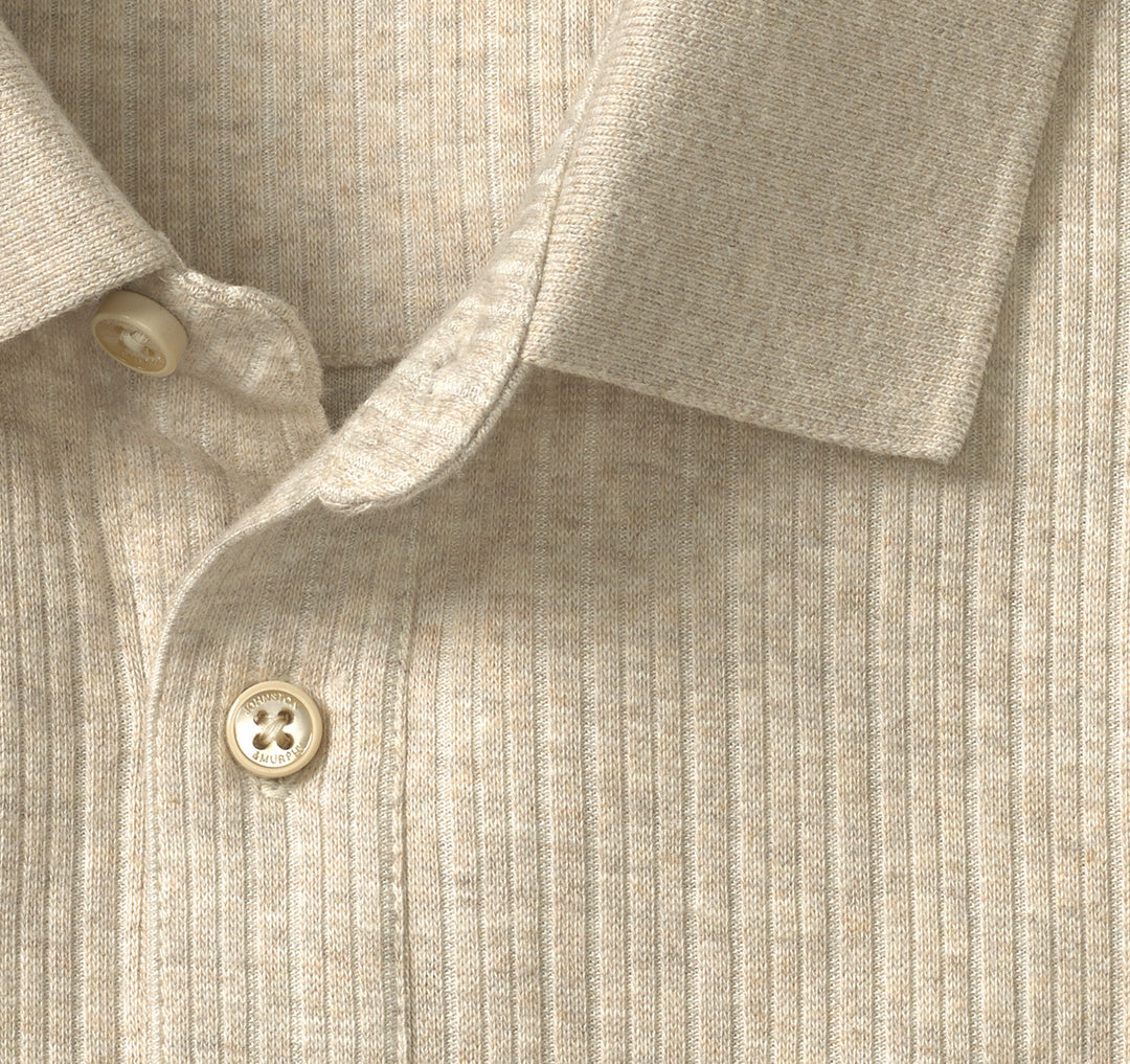 QUINCY RIBBED LONG-SLEEVE POLO - OATMEAL