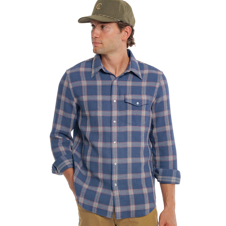 WAFFLE PLAID PEARL SNAP - NAVY PLAID