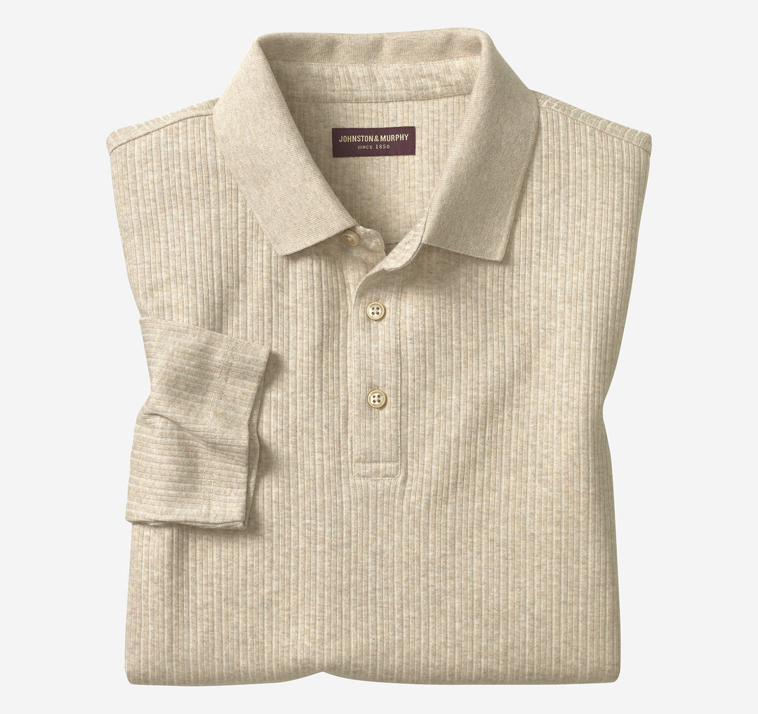 QUINCY RIBBED LONG-SLEEVE POLO - OATMEAL
