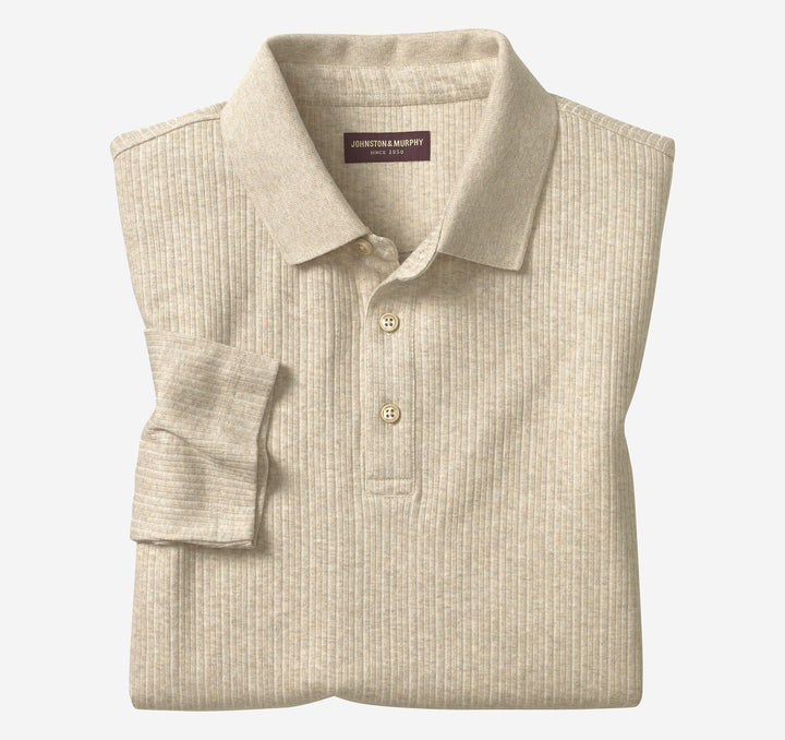 QUINCY RIBBED LONG-SLEEVE POLO - OATMEAL
